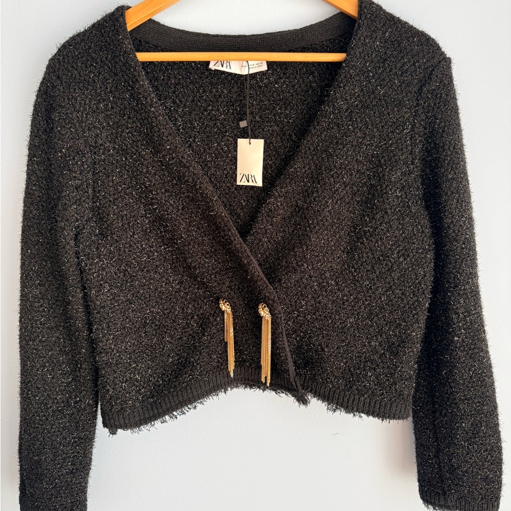 ZARA Black Sparkle Cropped V-Neck Cardigan with Gold Tassel Accents